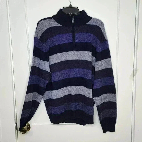 Jos A Bank Signature 1/4 Zip Merino Wool Men's Sweater Blue Size XL Striped - Picture 1 of 4